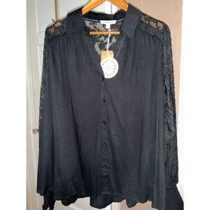 Umgee Plus Black Lace Sleeve Button Down Blouse Top 1XL NWT Boho Romantic